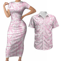 Pastel Pink Kahili Quilt Hawaii Couples Matching Short Sleeve Bodycon Dress and Hawaiian Shirt Tropical Flower Seamless Half Style LT14 Pink - Polynesian Pride