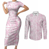 Pastel Pink Kahili Quilt Hawaii Couples Matching Short Sleeve Bodycon Dress and Long Sleeve Button Shirt Tropical Flower Seamless Half Style LT14 Pink - Polynesian Pride