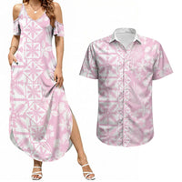 Pastel Pink Kahili Quilt Hawaii Couples Matching Summer Maxi Dress and Hawaiian Shirt Tropical Flower Seamless Half Style LT14 Pink - Polynesian Pride