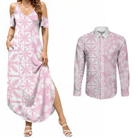 Pastel Pink Kahili Quilt Hawaii Couples Matching Summer Maxi Dress and Long Sleeve Button Shirt Tropical Flower Seamless Half Style LT14 Pink - Polynesian Pride