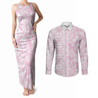 Pastel Pink Kahili Quilt Hawaii Couples Matching Tank Maxi Dress and Long Sleeve Button Shirt Tropical Flower Seamless Half Style LT14 Pink - Polynesian Pride