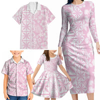 Pastel Pink Kahili Quilt Hawaii Family Matching Long Sleeve Bodycon Dress and Hawaiian Shirt Tropical Flower Seamless Half Style LT14 - Polynesian Pride