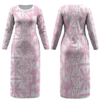 Pastel Pink Kahili Quilt Hawaii Family Matching Long Sleeve Bodycon Dress and Hawaiian Shirt Tropical Flower Seamless Half Style LT14 Mom's Dress Pink - Polynesian Pride