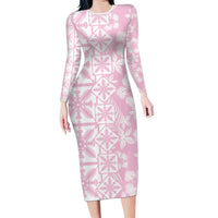 Pastel Pink Kahili Quilt Hawaii Family Matching Long Sleeve Bodycon Dress and Hawaiian Shirt Tropical Flower Seamless Half Style
