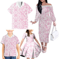 Pastel Pink Kahili Quilt Hawaii Family Matching Off The Shoulder Long Sleeve Dress and Hawaiian Shirt Tropical Flower Seamless Half Style