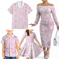 Pastel Pink Kahili Quilt Hawaii Family Matching Off The Shoulder Long Sleeve Dress and Hawaiian Shirt Tropical Flower Seamless Half Style LT14 - Polynesian Pride