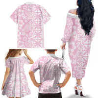 Pastel Pink Kahili Quilt Hawaii Family Matching Off The Shoulder Long Sleeve Dress and Hawaiian Shirt Tropical Flower Seamless Half Style