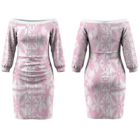 Pastel Pink Kahili Quilt Hawaii Family Matching Off The Shoulder Long Sleeve Dress and Hawaiian Shirt Tropical Flower Seamless Half Style LT14 Mom's Dress Pink - Polynesian Pride