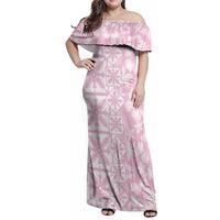 Pastel Pink Kahili Quilt Hawaii Family Matching Off Shoulder Maxi Dress and Hawaiian Shirt Tropical Flower Seamless Half Style