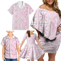 Pastel Pink Kahili Quilt Hawaii Family Matching Off Shoulder Short Dress and Hawaiian Shirt Tropical Flower Seamless Half Style LT14 - Polynesian Pride