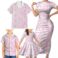Pastel Pink Kahili Quilt Hawaii Family Matching Short Sleeve Bodycon Dress and Hawaiian Shirt Tropical Flower Seamless Half Style LT14 - Polynesian Pride