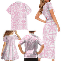 Pastel Pink Kahili Quilt Hawaii Family Matching Short Sleeve Bodycon Dress and Hawaiian Shirt Tropical Flower Seamless Half Style