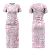 Pastel Pink Kahili Quilt Hawaii Family Matching Short Sleeve Bodycon Dress and Hawaiian Shirt Tropical Flower Seamless Half Style LT14 Mom's Dress Pink - Polynesian Pride