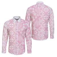 Pastel Pink Kahili Quilt Hawaii Family Matching Short Sleeve Bodycon Dress and Hawaiian Shirt Tropical Flower Seamless Half Style LT14 Dad's Shirt - Long Sleeve Pink - Polynesian Pride