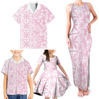 Pastel Pink Kahili Quilt Hawaii Family Matching Tank Maxi Dress and Hawaiian Shirt Tropical Flower Seamless Half Style