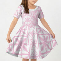 Pastel Pink Kahili Quilt Hawaii Kid Short Sleeve Dress Tropical Flower Seamless Half Style LT14 KID Pink - Polynesian Pride