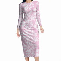 Pastel Pink Kahili Quilt Hawaii Long Sleeve Bodycon Dress Tropical Flower Seamless Half Style LT14 Long Dress Pink - Polynesian Pride