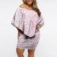 Pastel Pink Kahili Quilt Hawaii Off Shoulder Short Dress Tropical Flower Seamless Half Style LT14 Women Pink - Polynesian Pride