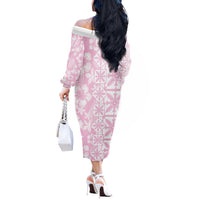 Pastel Pink Kahili Quilt Hawaii Off The Shoulder Long Sleeve Dress Tropical Flower Seamless Half Style