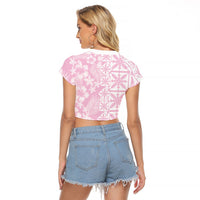 Pastel Pink Kahili Quilt Hawaii Raglan Cropped T Shirt Tropical Flower Seamless Half Style