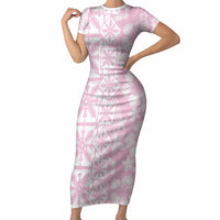 Pastel Pink Kahili Quilt Hawaii Short Sleeve Bodycon Dress Tropical Flower Seamless Half Style LT14 Long Dress Pink - Polynesian Pride