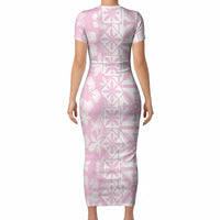 Pastel Pink Kahili Quilt Hawaii Short Sleeve Bodycon Dress Tropical Flower Seamless Half Style LT14 - Polynesian Pride