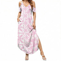 Pastel Pink Kahili Quilt Hawaii Summer Maxi Dress Tropical Flower Seamless Half Style LT14 Women Pink - Polynesian Pride