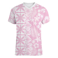Pastel Pink Kahili Quilt Hawaii Women V-Neck T-Shirt Tropical Flower Seamless Half Style