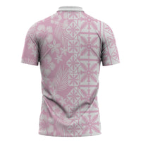 Pastel Pink Kahili Quilt Hawaii Zipper Polo Shirt Tropical Flower Seamless Half Style LT14 - Polynesian Pride