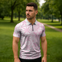 Pastel Pink Kahili Quilt Hawaii Zipper Polo Shirt Tropical Flower Seamless Half Style LT14 - Polynesian Pride