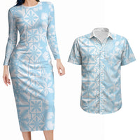 Pastel Blue Kahili Quilt Hawaii Couples Matching Long Sleeve Bodycon Dress and Hawaiian Shirt Tropical Flower Seamless Half Style LT14 Blue - Polynesian Pride