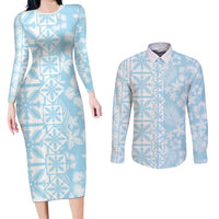 Pastel Blue Kahili Quilt Hawaii Couples Matching Long Sleeve Bodycon Dress and Long Sleeve Button Shirt Tropical Flower Seamless Half Style