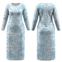 Pastel Blue Kahili Quilt Hawaii Couples Matching Long Sleeve Bodycon Dress and Long Sleeve Button Shirt Tropical Flower Seamless Half Style LT14 - Polynesian Pride