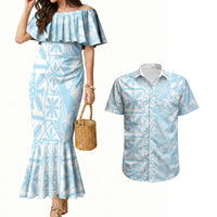 Pastel Blue Kahili Quilt Hawaii Couples Matching Mermaid Dress and Hawaiian Shirt Tropical Flower Seamless Half Style LT14 Blue - Polynesian Pride
