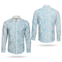 Pastel Blue Kahili Quilt Hawaii Couples Matching Mermaid Dress and Long Sleeve Button Shirt Tropical Flower Seamless Half Style LT14 - Polynesian Pride