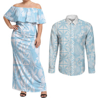 Pastel Blue Kahili Quilt Hawaii Couples Matching Off Shoulder Maxi Dress and Long Sleeve Button Shirt Tropical Flower Seamless Half Style LT14 Blue - Polynesian Pride