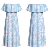 Pastel Blue Kahili Quilt Hawaii Couples Matching Off Shoulder Maxi Dress and Long Sleeve Button Shirt Tropical Flower Seamless Half Style LT14 - Polynesian Pride