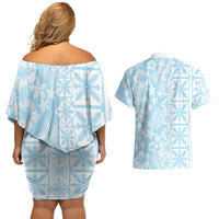 Pastel Blue Kahili Quilt Hawaii Couples Matching Off Shoulder Short Dress and Hawaiian Shirt Tropical Flower Seamless Half Style