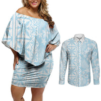 Pastel Blue Kahili Quilt Hawaii Couples Matching Off Shoulder Short Dress and Long Sleeve Button Shirt Tropical Flower Seamless Half Style LT14 Blue - Polynesian Pride