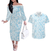 Pastel Blue Kahili Quilt Hawaii Couples Matching Off The Shoulder Long Sleeve Dress and Hawaiian Shirt Tropical Flower Seamless Half Style