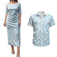 Pastel Blue Kahili Quilt Hawaii Couples Matching Puletasi and Hawaiian Shirt Tropical Flower Seamless Half Style LT14 Blue - Polynesian Pride