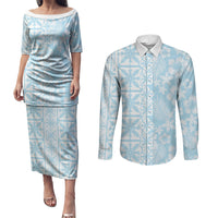 Pastel Blue Kahili Quilt Hawaii Couples Matching Puletasi and Long Sleeve Button Shirt Tropical Flower Seamless Half Style LT14 Blue - Polynesian Pride