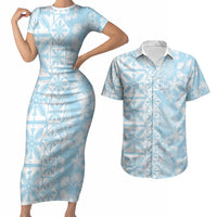 Pastel Blue Kahili Quilt Hawaii Couples Matching Short Sleeve Bodycon Dress and Hawaiian Shirt Tropical Flower Seamless Half Style LT14 Blue - Polynesian Pride
