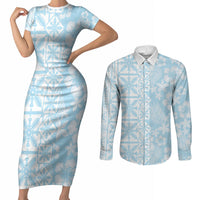 Pastel Blue Kahili Quilt Hawaii Couples Matching Short Sleeve Bodycon Dress and Long Sleeve Button Shirt Tropical Flower Seamless Half Style LT14 Blue - Polynesian Pride