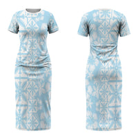 Pastel Blue Kahili Quilt Hawaii Couples Matching Short Sleeve Bodycon Dress and Long Sleeve Button Shirt Tropical Flower Seamless Half Style LT14 - Polynesian Pride