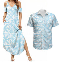 Pastel Blue Kahili Quilt Hawaii Couples Matching Summer Maxi Dress and Hawaiian Shirt Tropical Flower Seamless Half Style LT14 Blue - Polynesian Pride