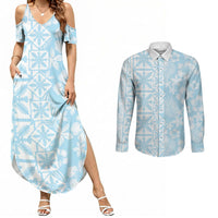 Pastel Blue Kahili Quilt Hawaii Couples Matching Summer Maxi Dress and Long Sleeve Button Shirt Tropical Flower Seamless Half Style LT14 Blue - Polynesian Pride