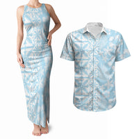 Pastel Blue Kahili Quilt Hawaii Couples Matching Tank Maxi Dress and Hawaiian Shirt Tropical Flower Seamless Half Style LT14 Blue - Polynesian Pride