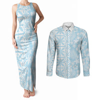 Pastel Blue Kahili Quilt Hawaii Couples Matching Tank Maxi Dress and Long Sleeve Button Shirt Tropical Flower Seamless Half Style LT14 Blue - Polynesian Pride