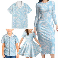 Pastel Blue Kahili Quilt Hawaii Family Matching Long Sleeve Bodycon Dress and Hawaiian Shirt Tropical Flower Seamless Half Style LT14 - Polynesian Pride